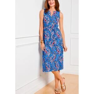 Talbots Womens Effortless Tie Waist Jersey Midi Dress XLP Blue Paisley Floral